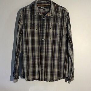 Waimea Men's Black and Gray With Yellow Stripes Checkered Shirt Size Large